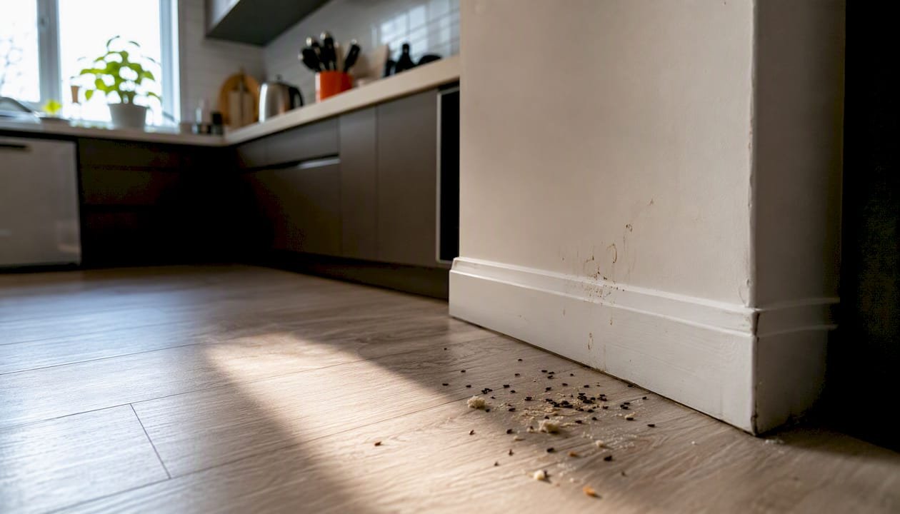 Mouse droppings and cockroach smear marks on kitchen floor
