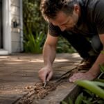 Hand pressing screwdriver into termite-damaged wood