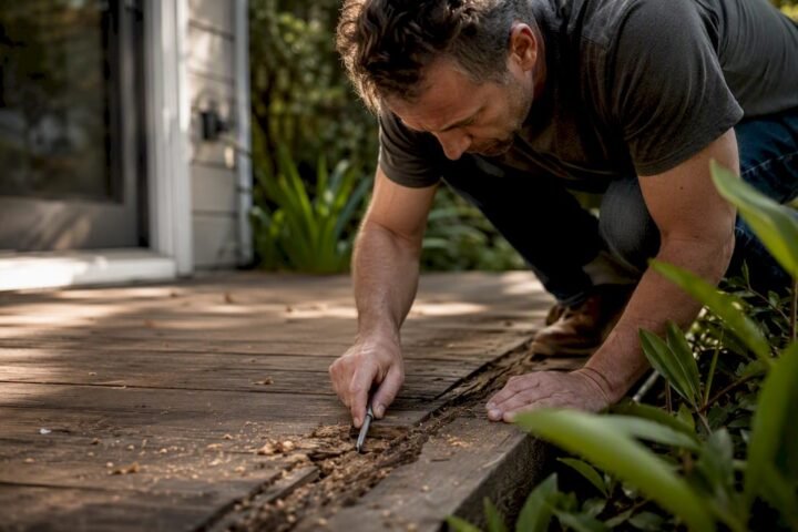 Hand pressing screwdriver into termite-damaged wood