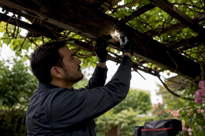 Technician inspecting pest entry near garden wall