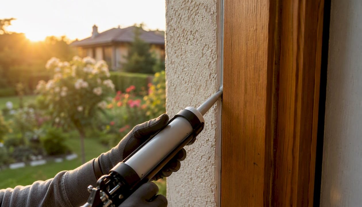 Hands applying caulk to seal exterior building gaps