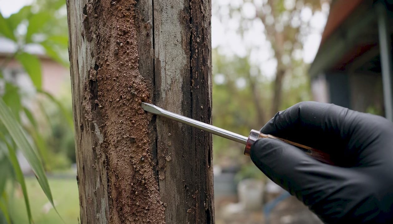 Technician probing termite mud tube with tool