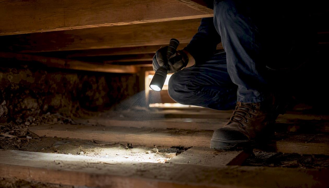 Person inspecting dark crawl space with flashlight