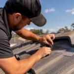 Licensed technician installing bird-proof mesh on roof vent