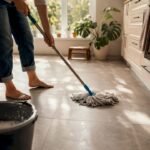 Person cleaning floor edges after pest control