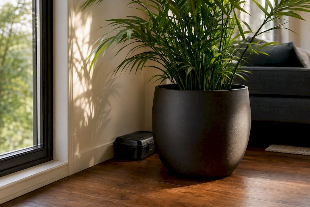 Pest control bait station on floor near skirting