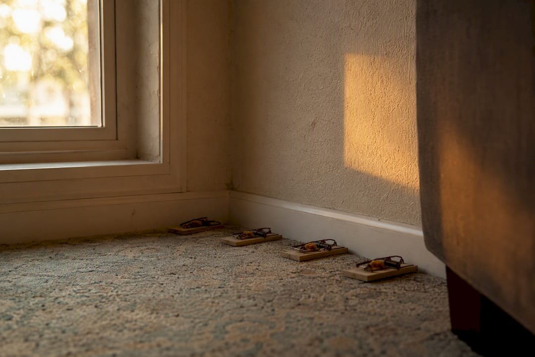 Snap traps baited with peanut butter on floor near wall