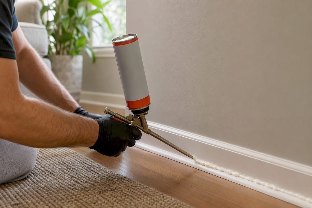 Hand applying foam sealant to wall gap