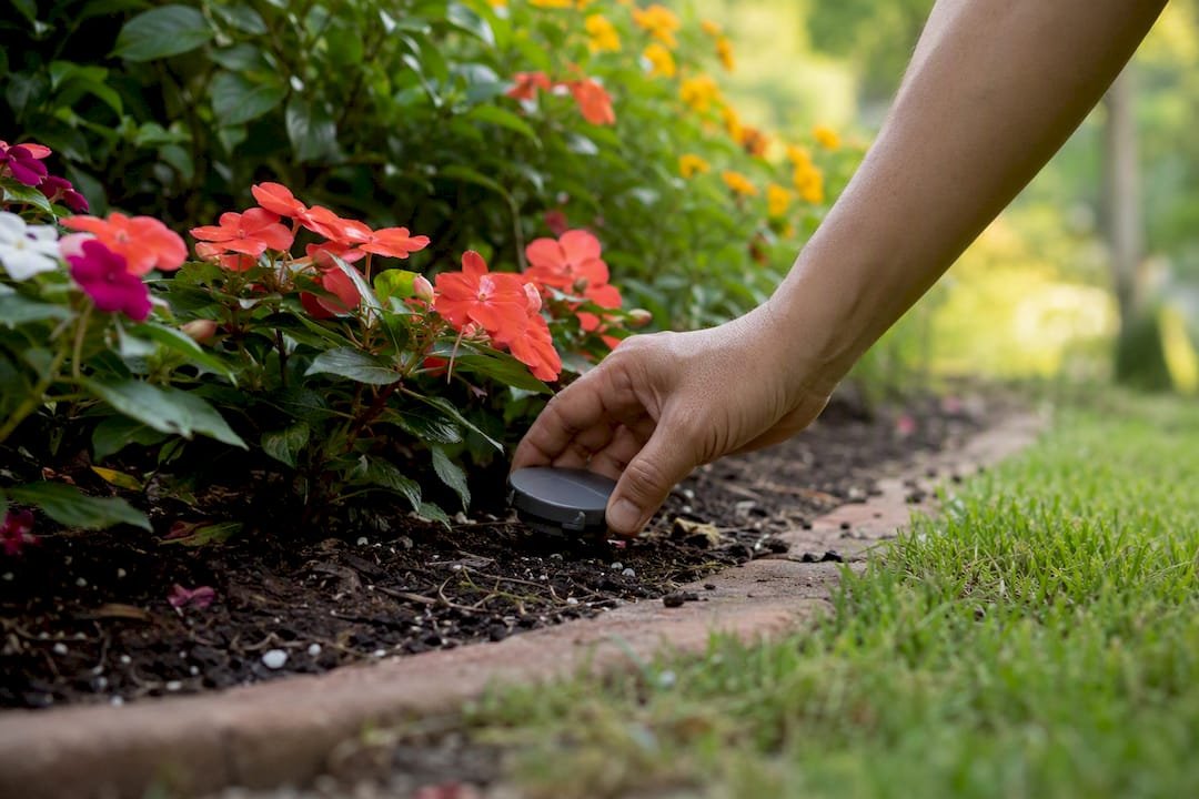 Hand placing ant bait station near garden soil