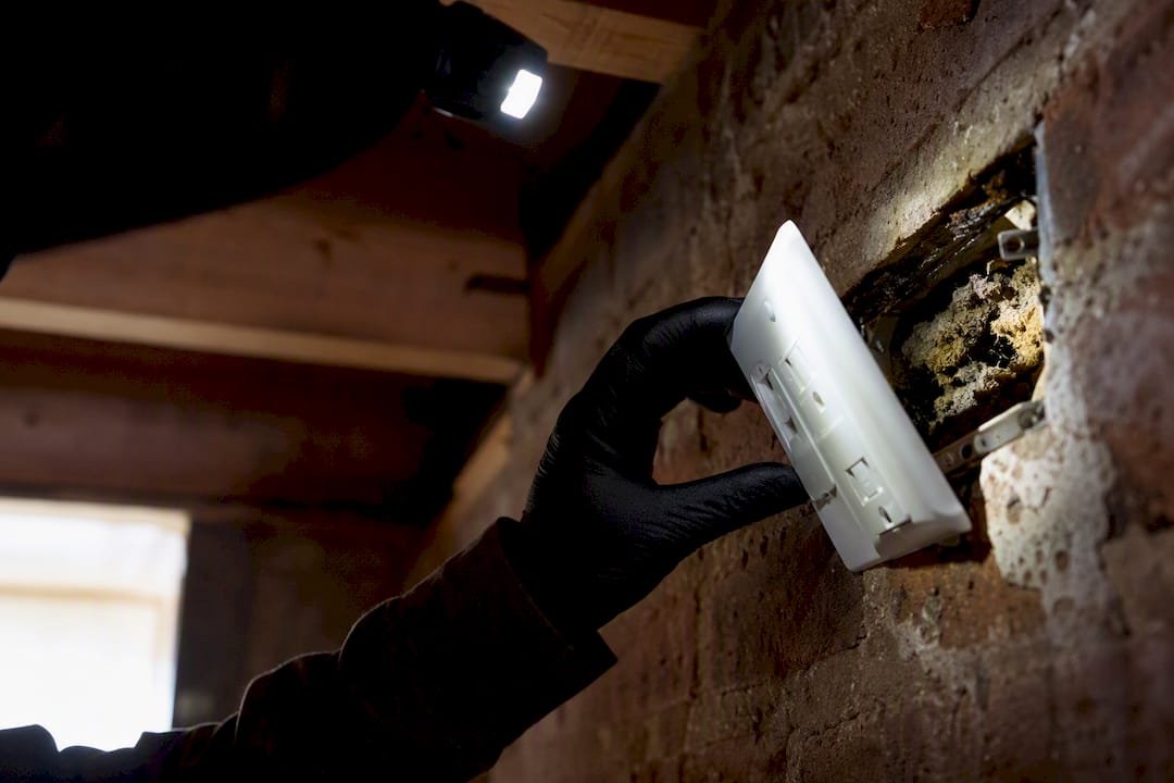 Hand inspecting wall gap behind electrical outlet
