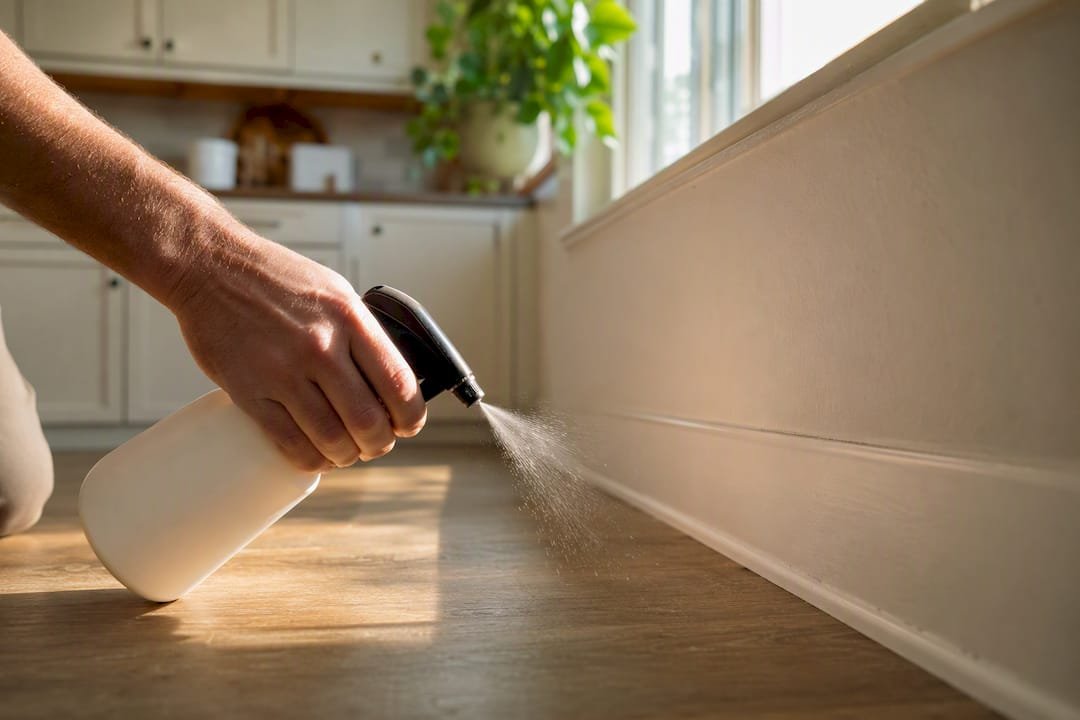 Applying ant spray near floor baseboard