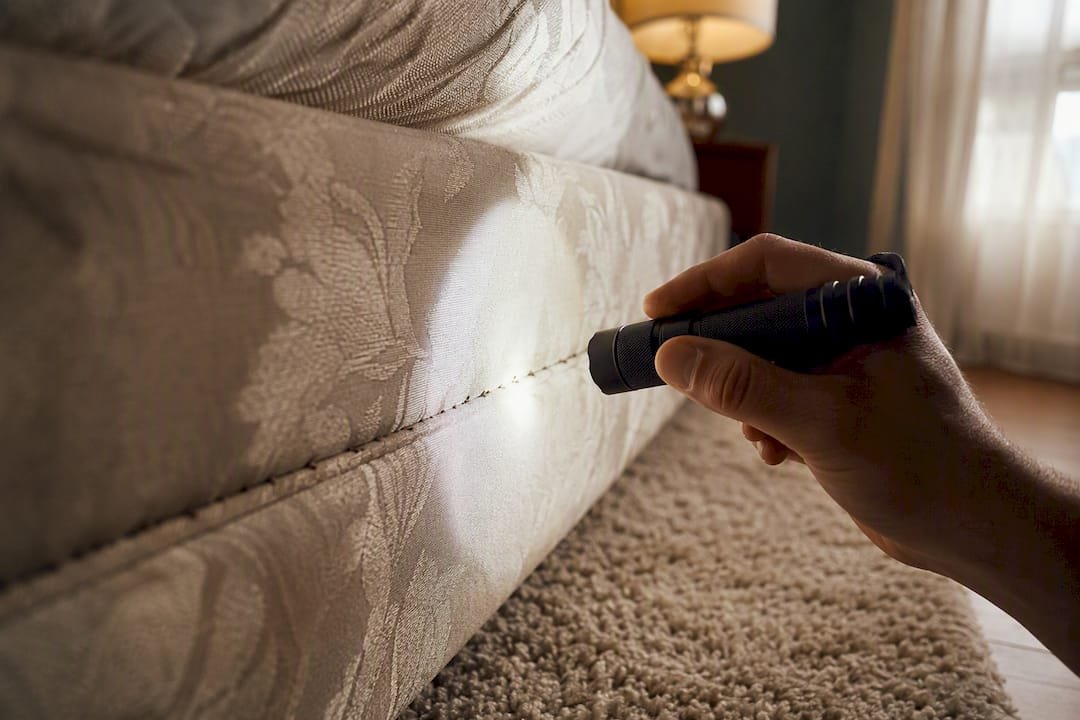 Hand inspecting sofa crease with flashlight for bed bugs