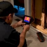 Technician using thermal camera for termite inspection