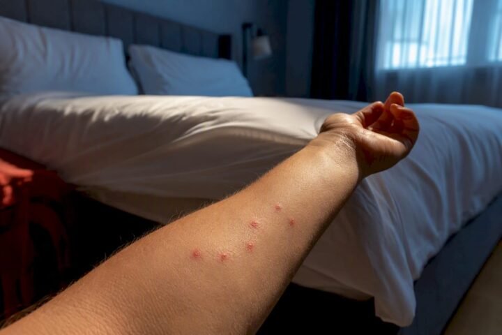 Clustered bed bug bites beside bedroom