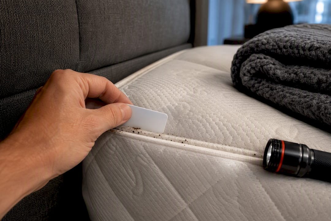 Card checking mattress seam for bed bugs