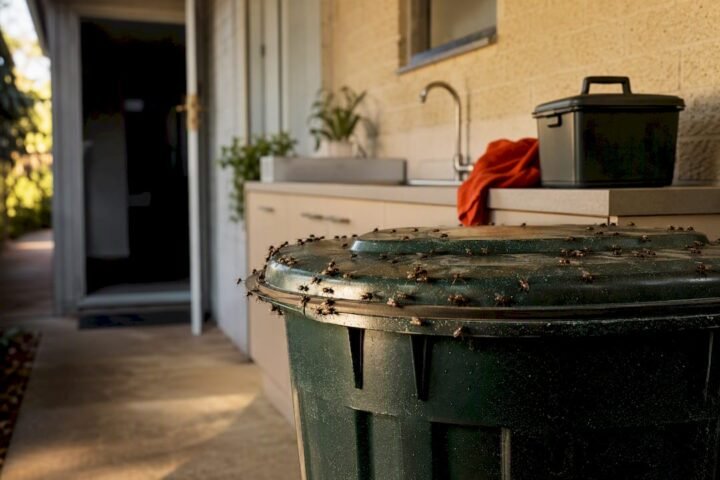 House flies gathering around outdoor waste bin