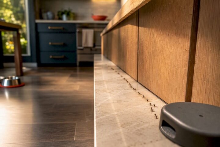 Ant trail leading toward kitchen bait station