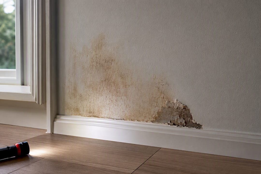 Moisture staining and crumbling wall material