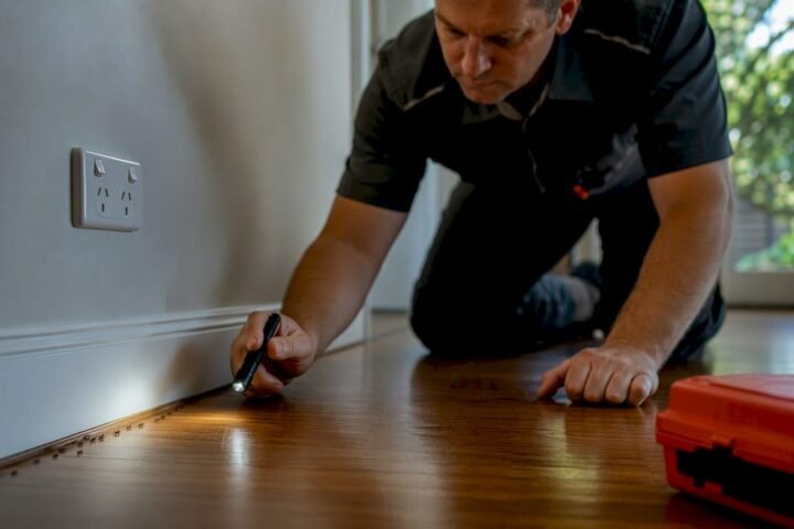 Technician inspecting ants near wall skirting