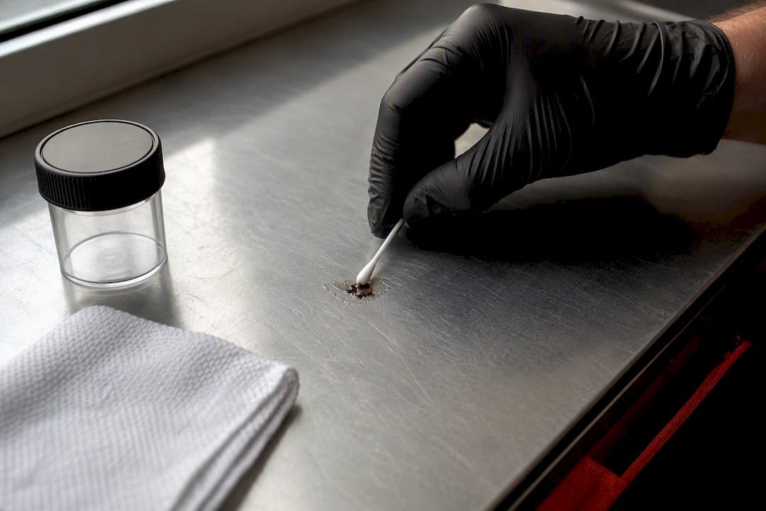 Gloved hand performing droppings smear test