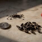 Mouse and roach droppings beside coin