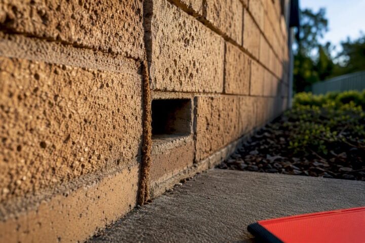 Termite mud tube beside brick weep hole
