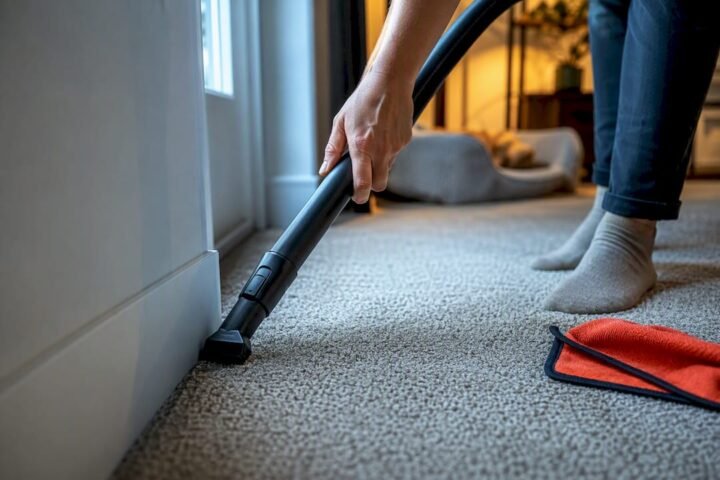Vacuum cleaning carpet near skirting boards