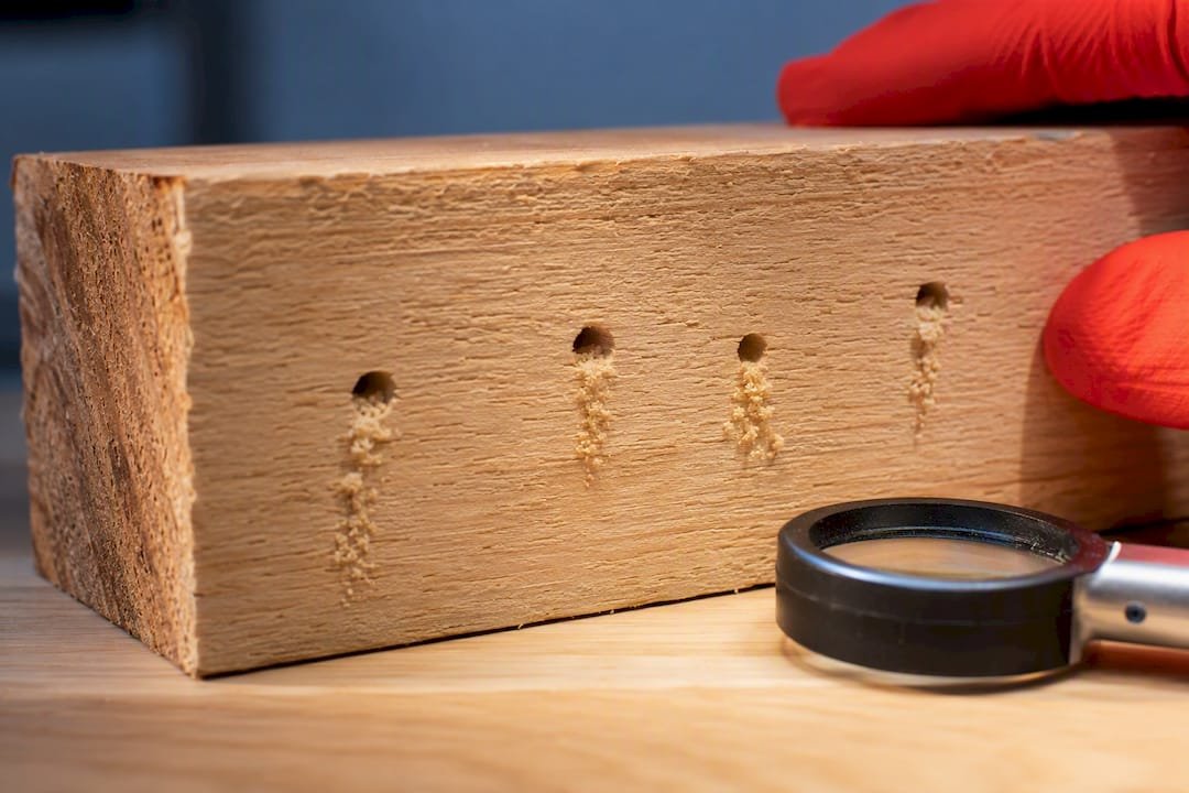 Fresh frass beneath wood borer holes