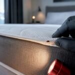 Technician inspecting bed bug on mattress seam