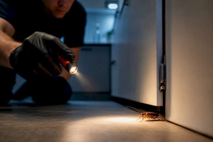 German cockroach in kitchen cabinet gap
