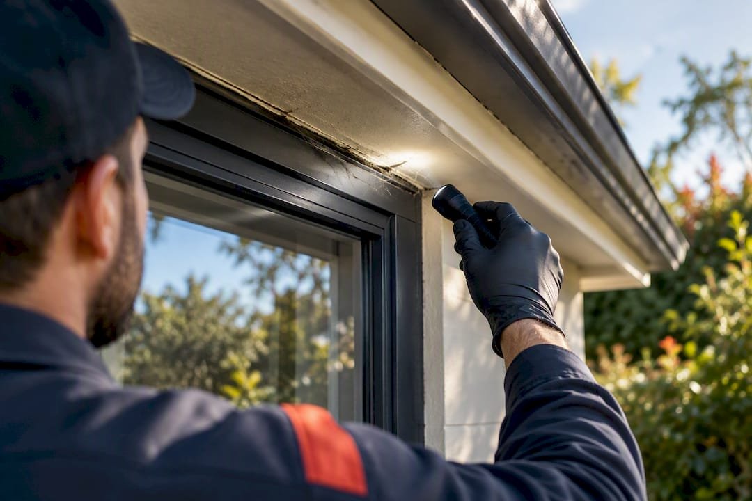Technician inspecting spider entry points outdoors
