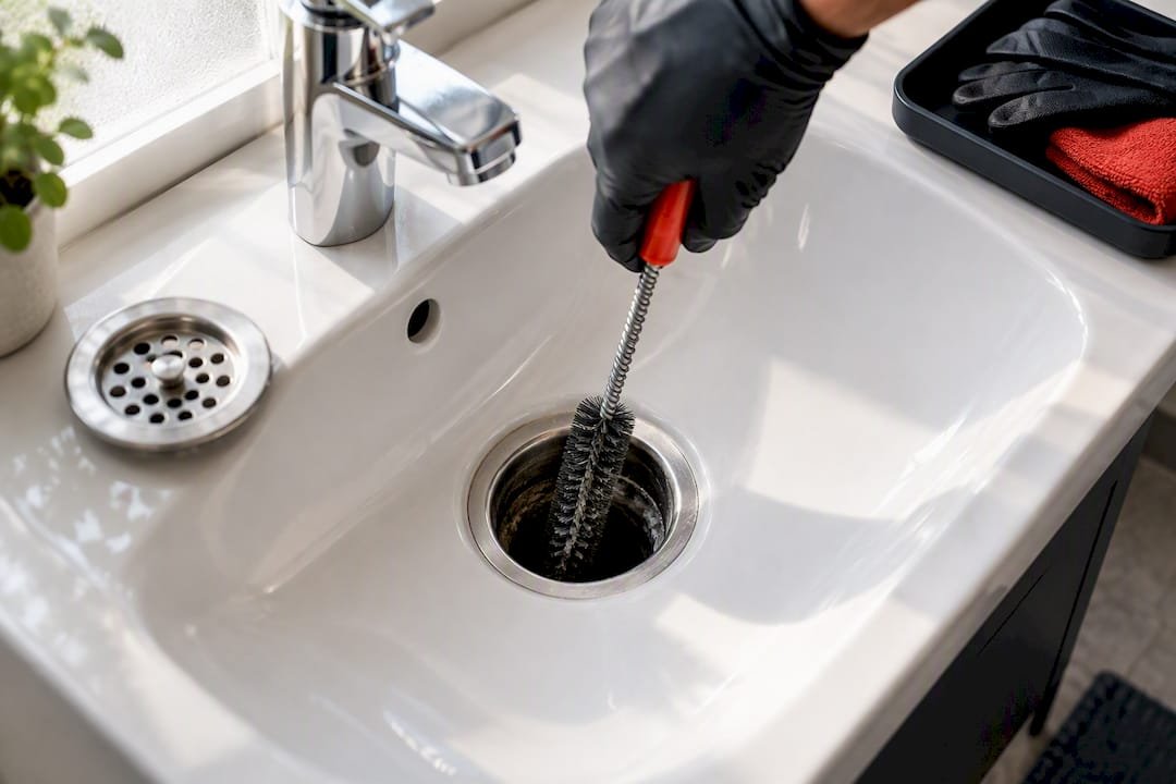 Pipe brush scrubbing residue inside bathroom drain