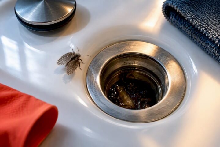 Drain fly beside biofilm in bathroom drain
