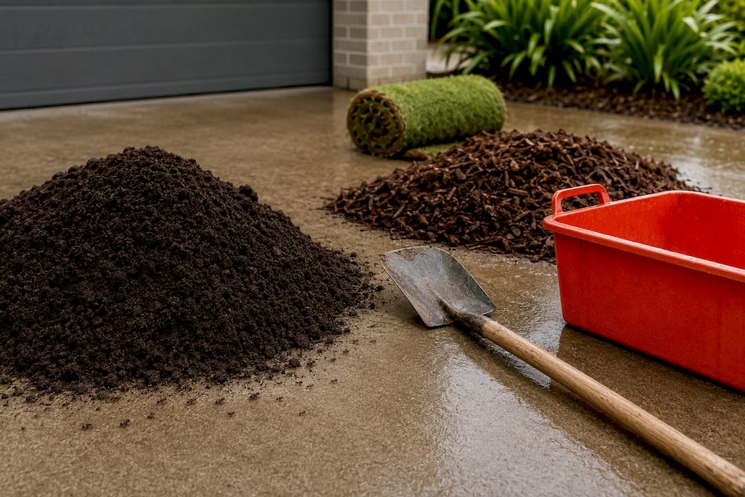 Garden materials isolated on driveway