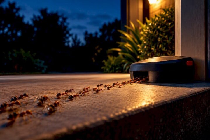 Sugar ants approaching bait station at dusk