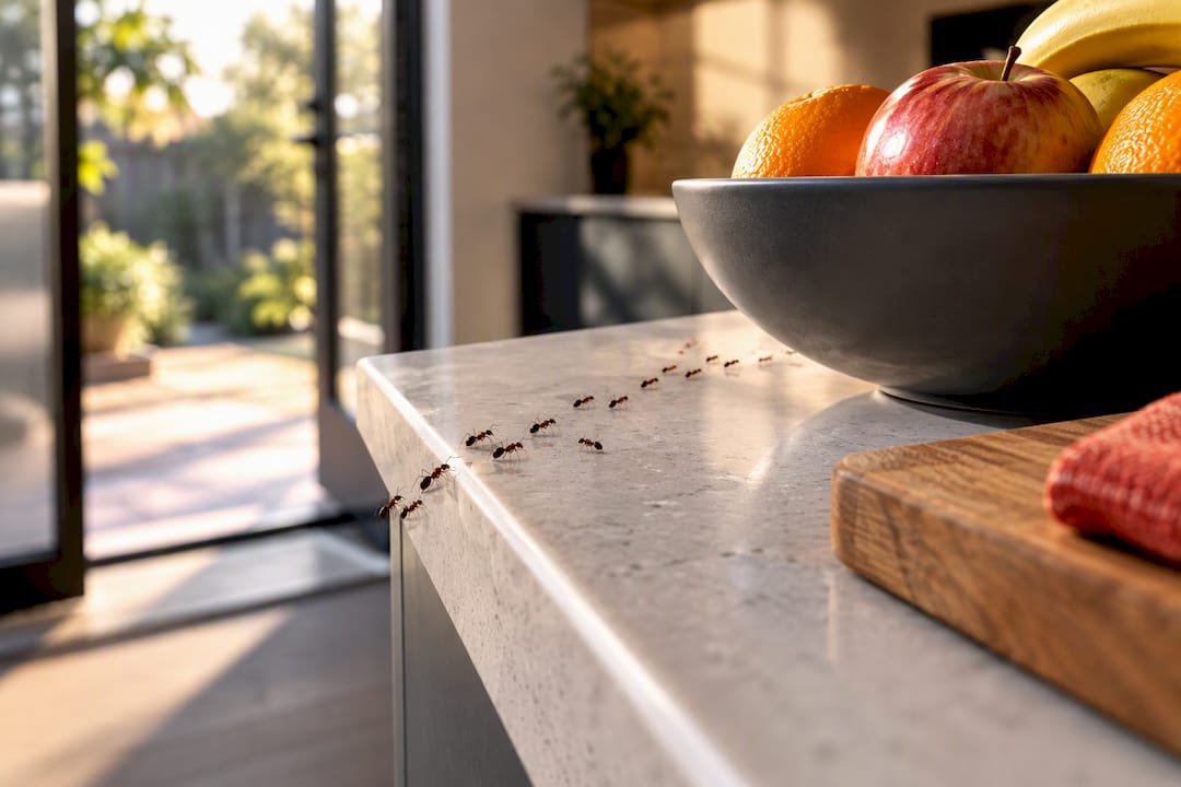 Sugar ants crossing kitchen bench near fruit