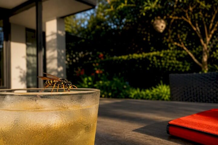 European wasp near outdoor property dining area