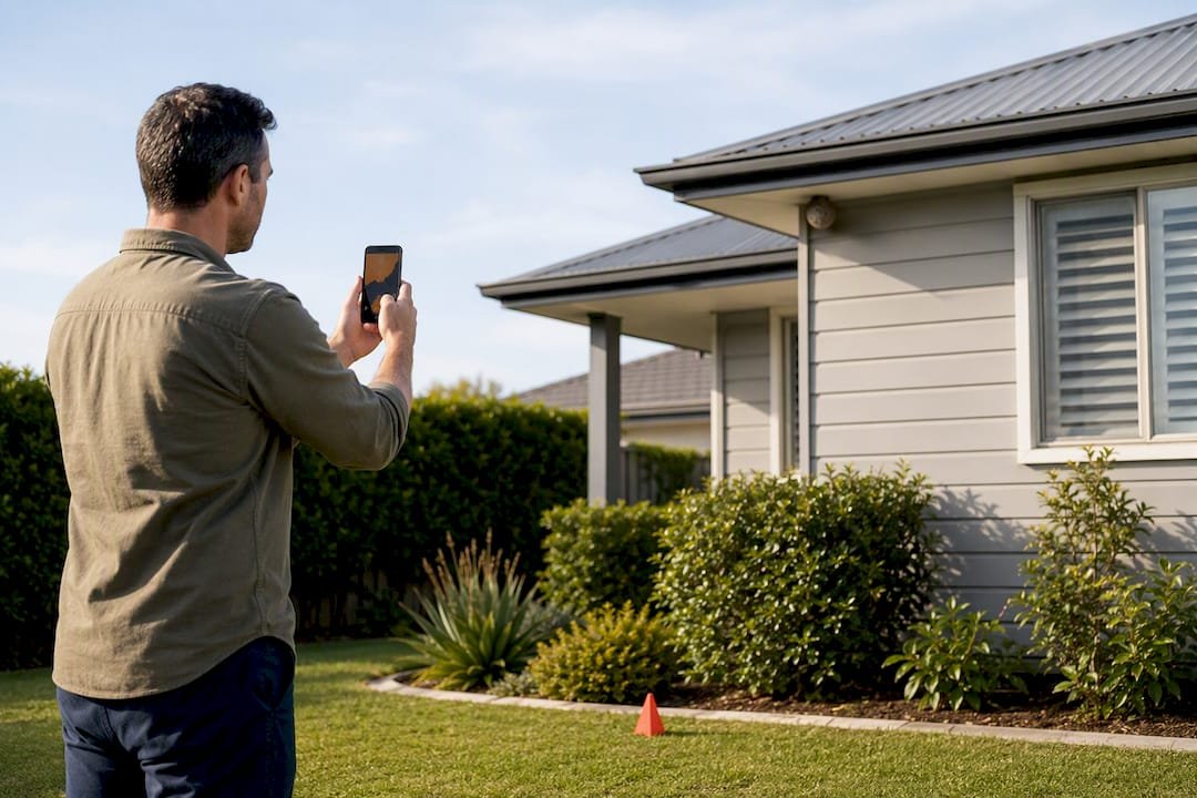 Homeowner photographing wasp nest from distance
