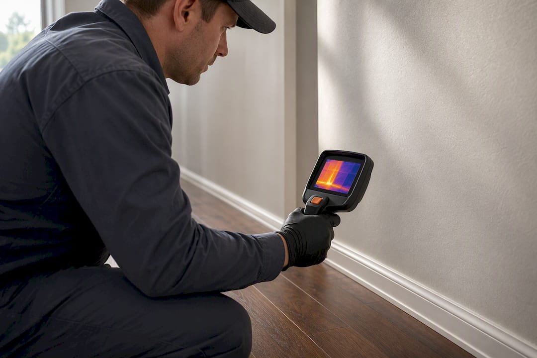 Technician scanning wall with thermal camera