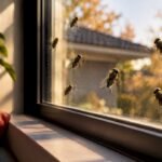 Cluster flies gathering on a sunlit window