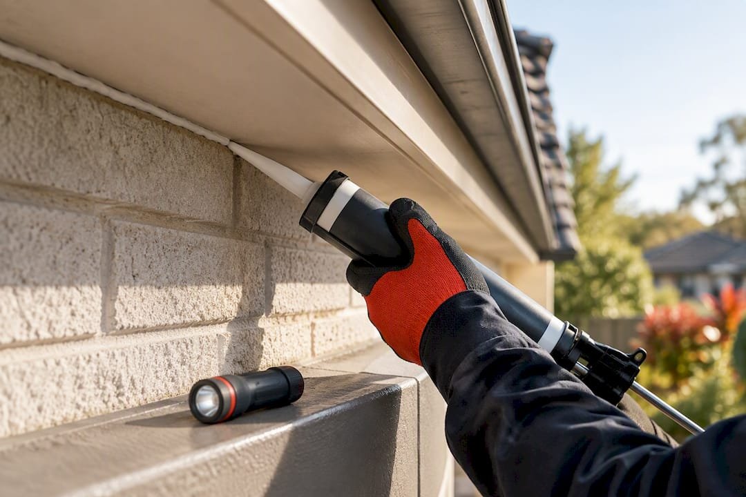 Technician sealing a gap beneath home eaves