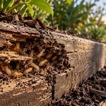 Termites inside damaged garden timber