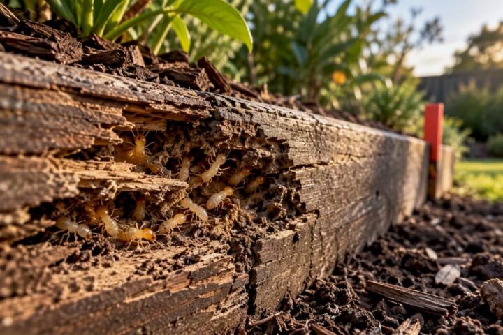 Termites inside damaged garden timber