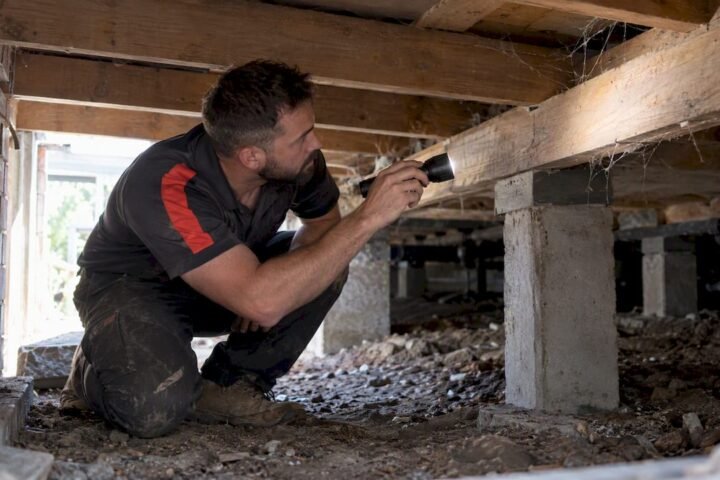 Technician inspecting timber joists under Australian home