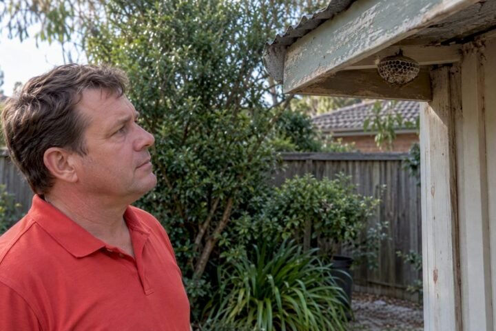 Homeowner observing paper wasp nest safely