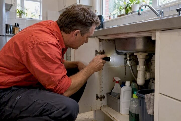 Homeowner inspecting under-sink cockroach hiding place