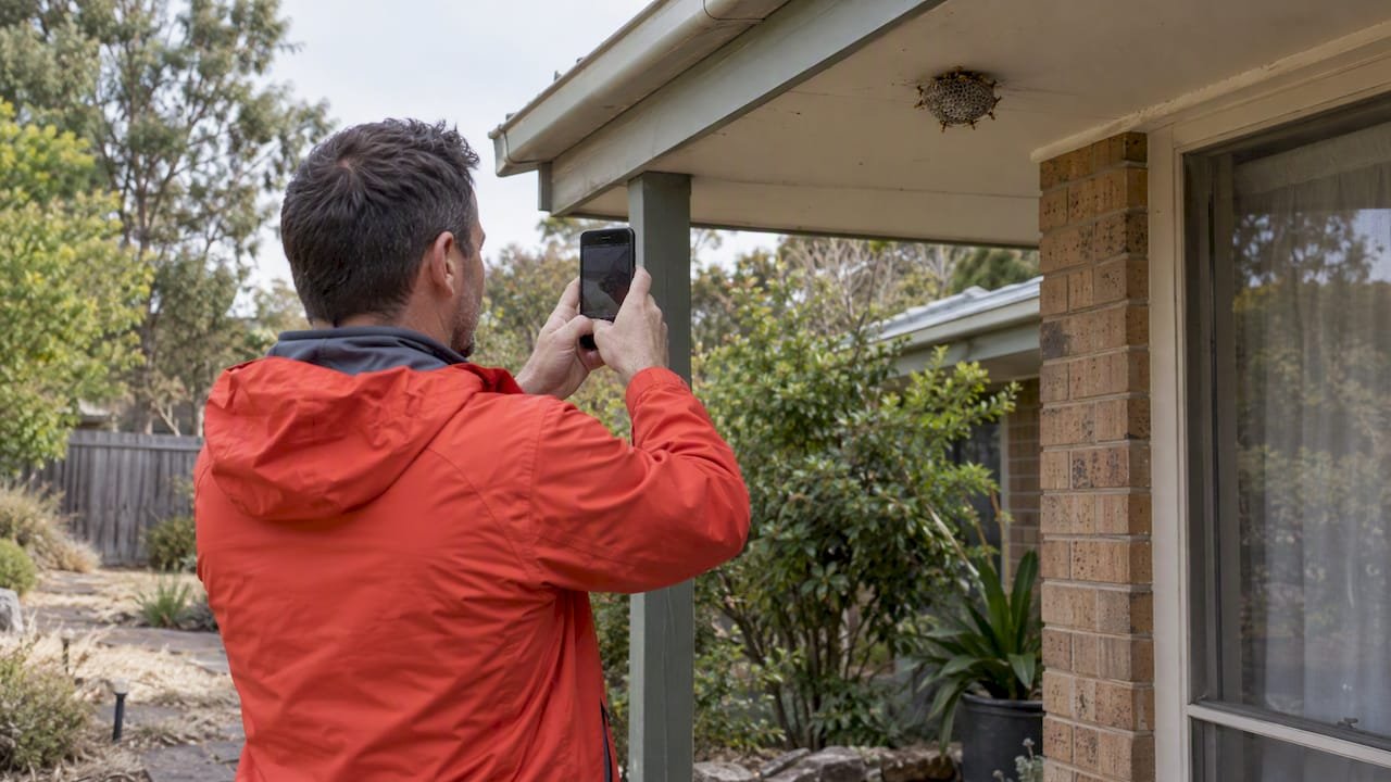 Homeowner photographing paper wasp nest safely