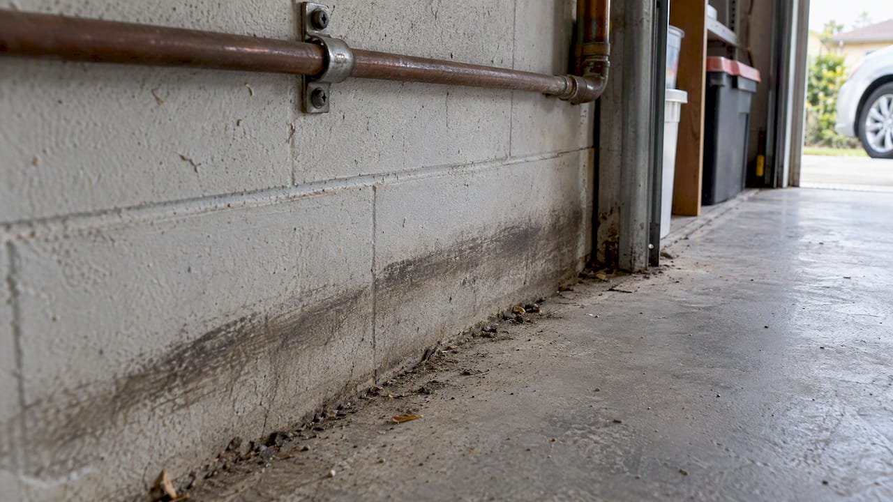 Greasy rat rub marks beside garage pipe