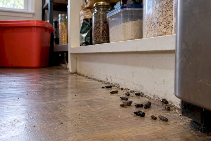 Rat droppings clustered beside pantry skirting