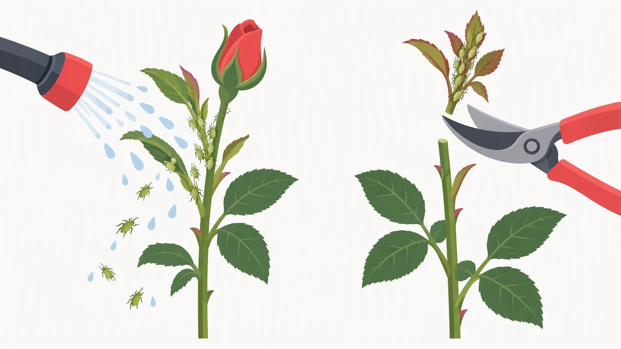 Rinsing aphids and pruning an affected rose tip
